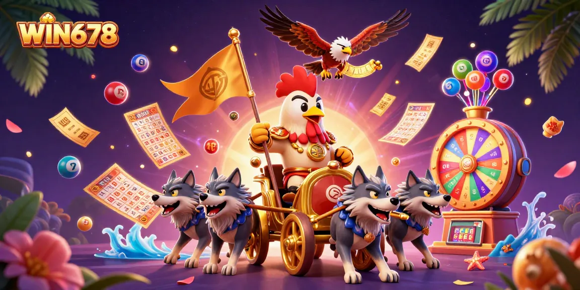 WIN678 offers thrilling casino adventures with a dynamic scene of a rooster warlord and lottery elements.