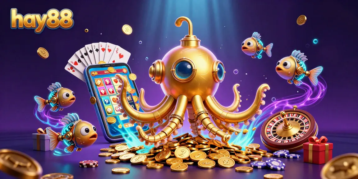 Engage with hay88's thrilling slot games alongside a whimsical kraken submarine in a treasure-filled ocean.