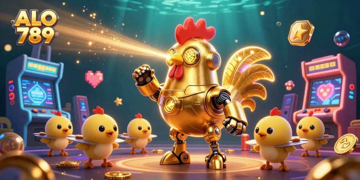 Experience the excitement of ALO 789 with the golden rooster robot and chick drones in a vibrant gaming universe.