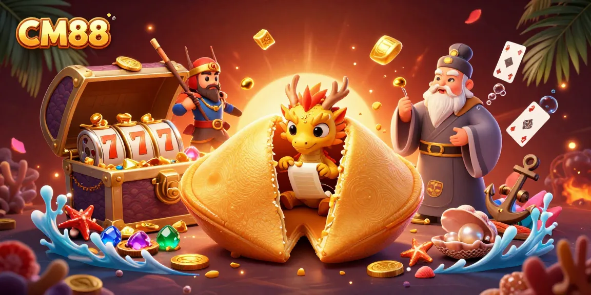 Experience the thrilling atmosphere of CM88 with golden treasures and vibrant slot reels.
