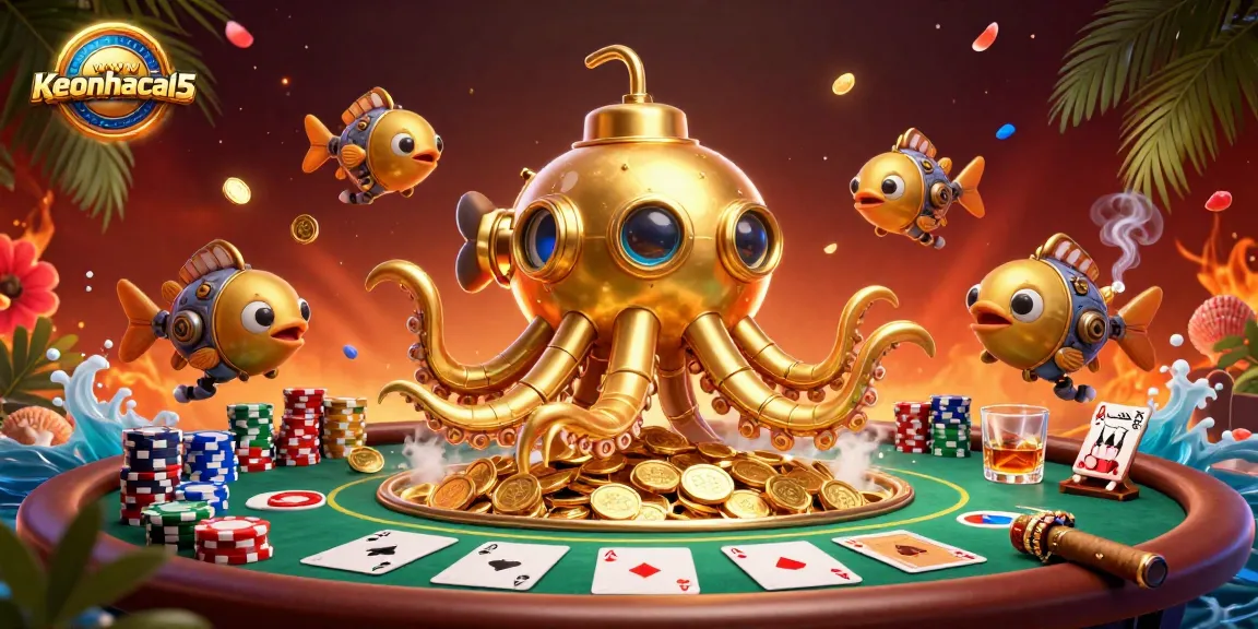 Engage in thrilling poker action with wwwkeonhacai5 amidst golden coins and vibrant characters.