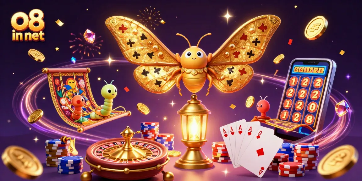 Experience thrilling action at O8 in net with cascading coins and vibrant casino elements.