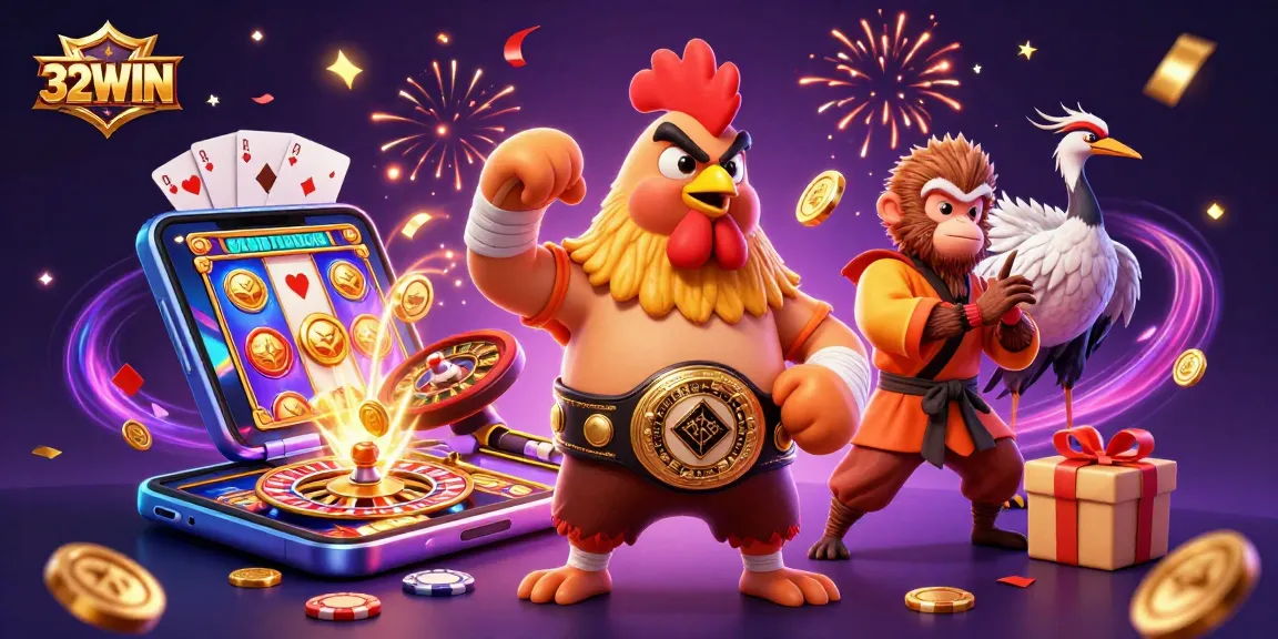 Experience the thrill of 32WIN with festive casino characters and vibrant gaming elements.