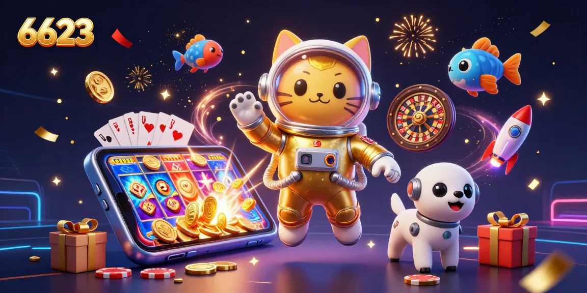 Engage with 6623 at a vibrant digital casino scene featuring an astronaut cat, slot games, and gold coins.