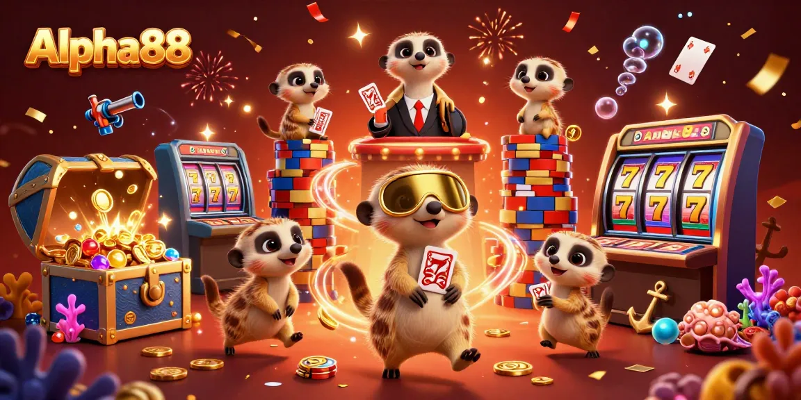 Experience the excitement of Alpha88 Casino with animated meerkats running a vibrant gambling scene.