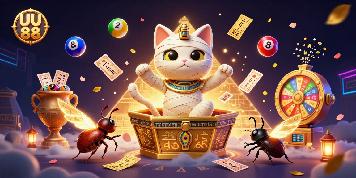 UU 88 depicts a thrilling casino scene with an Egyptian mummy cat and dynamic lottery elements.