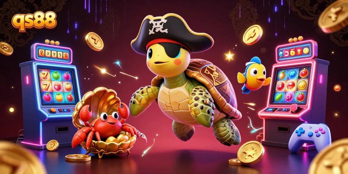 qs88 pirate turtle and friends celebrating a jackpot win amidst glowing slot machines