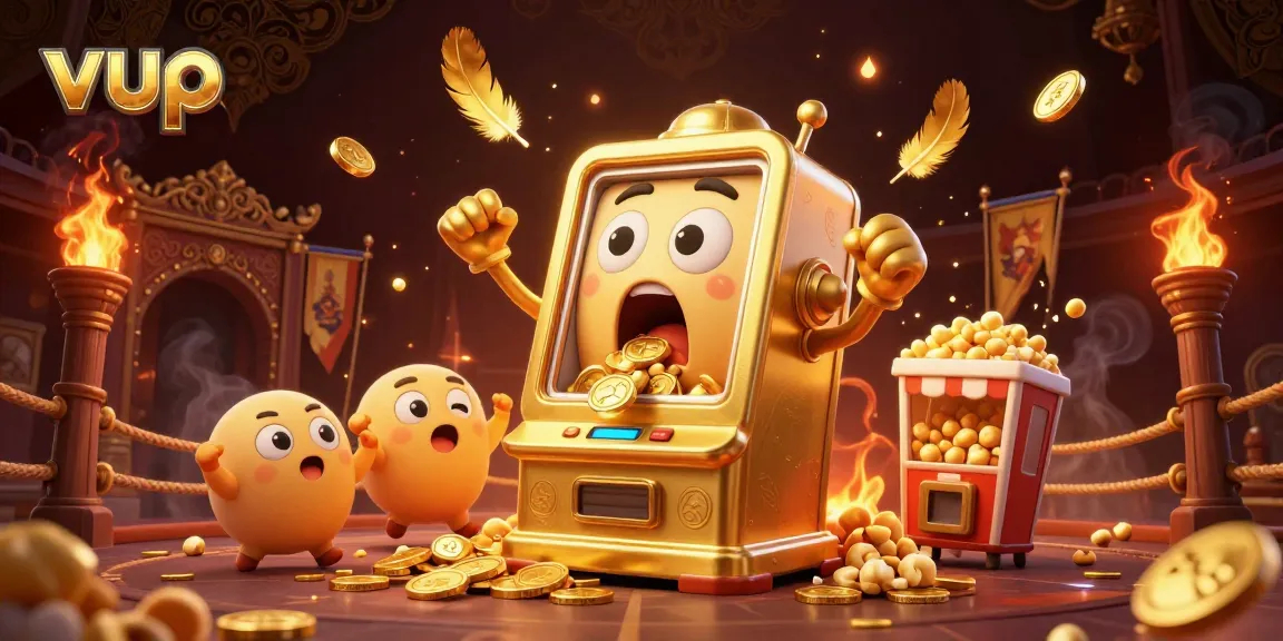 Celebrate vup's win with a joyful 3D cartoon slot machine surrounded by golden jackpots and playful baby slots.