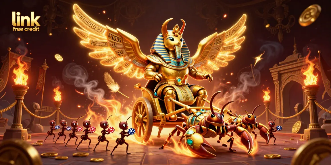 Engage in thrilling play with link free credit offerings, featuring a golden scarab and scorpions in an action-packed casino scene.