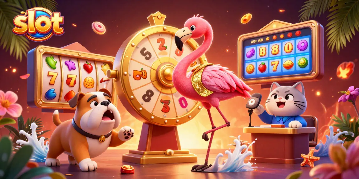 Engage with exciting slot action featuring a flamingo host, bulldog contestant, and vibrant game elements.