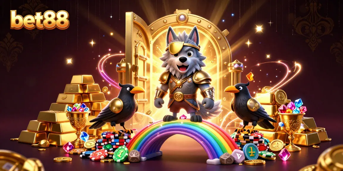 Experience the magical world of bet88 with Odin and his ravens amidst treasures and casino elements.