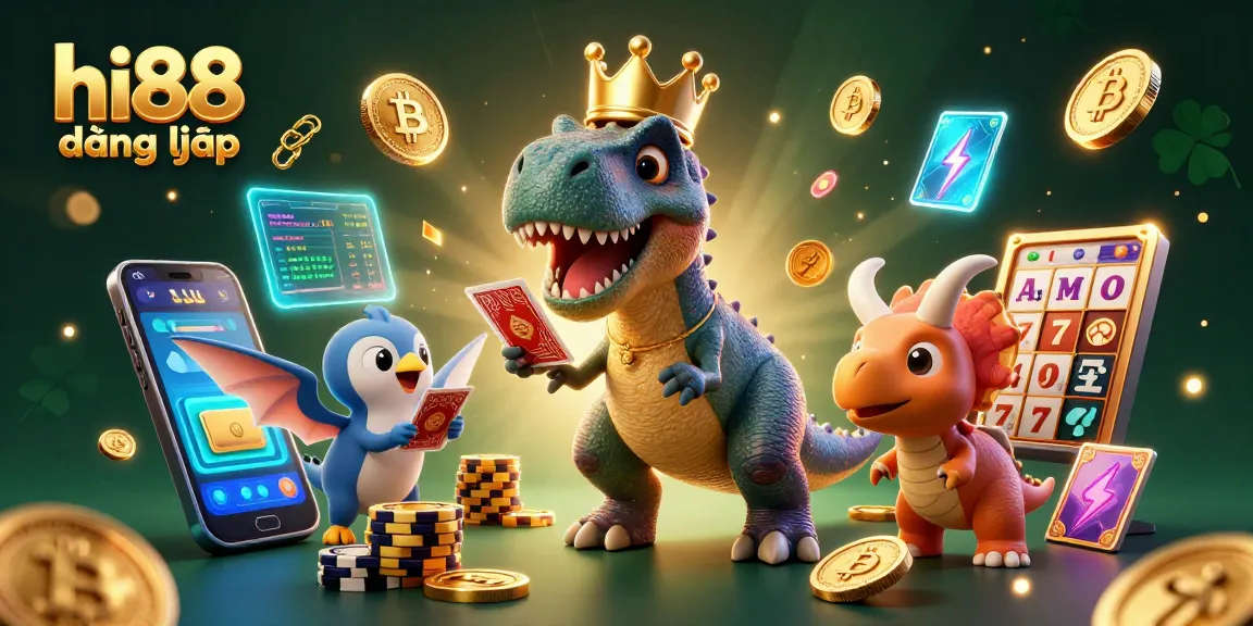 Experience the thrilling hi88 đăng nhập scene with friendly dinosaurs engaging in casino card games.