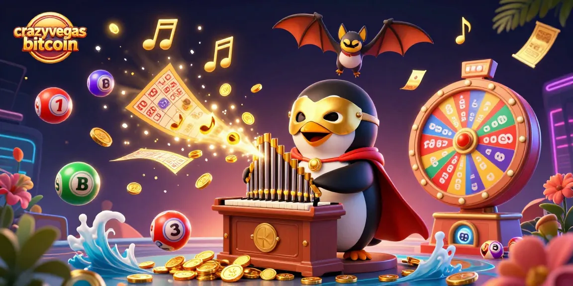 Experience thrilling gameplay with crazyvegas bitcoin casinos, where a playful penguin orchestrates a vibrant casino scene.