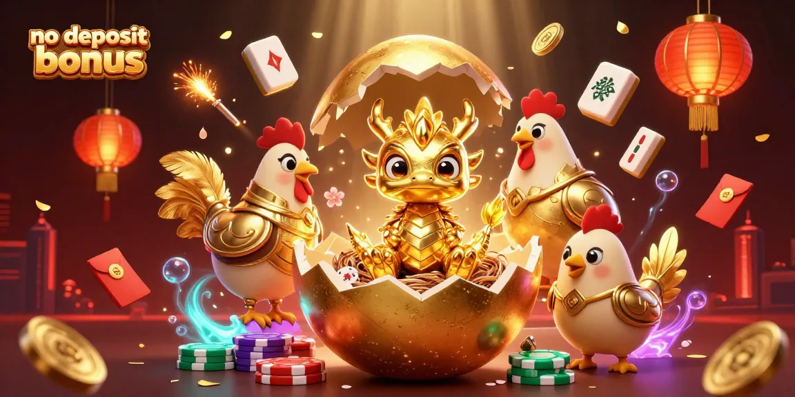 Experience no deposit bonus casinos with a captivating 3D scene of golden dragons and poker chips.