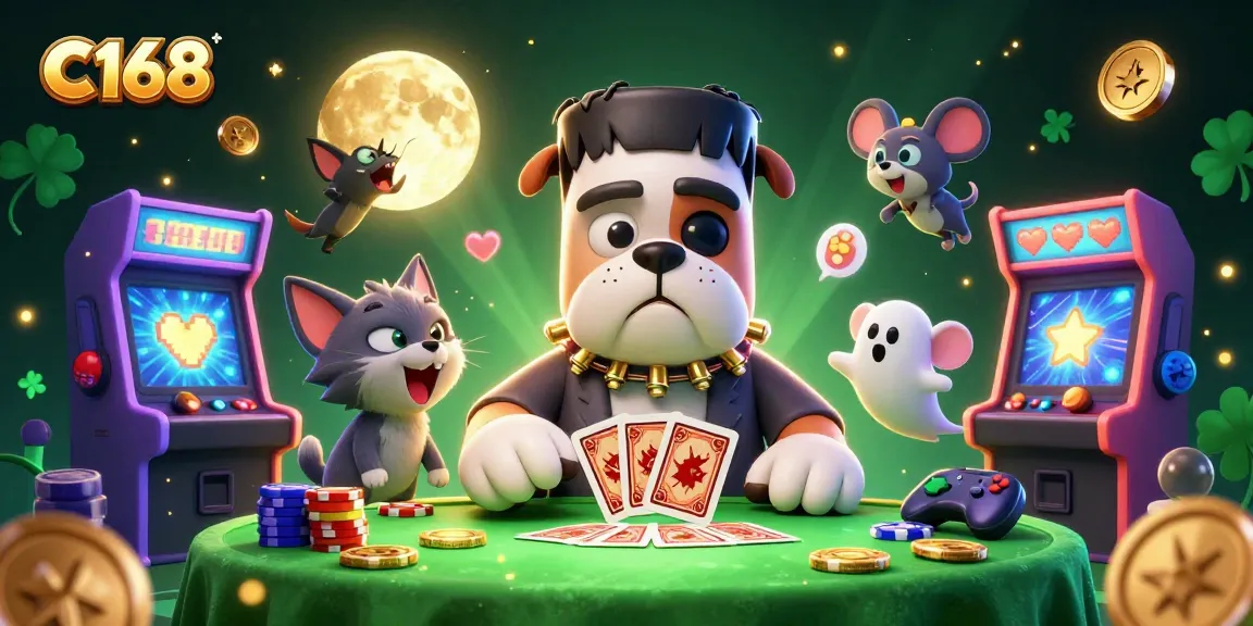 C168 unleashes excitement in a vibrant casino scene with cartoon characters and gaming elements.