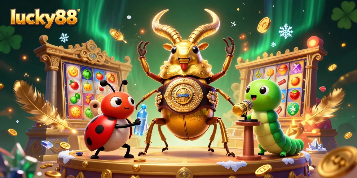 Engage with the lucky88 online slots featuring a giant golden stag beetle champion in an exciting casino arena.