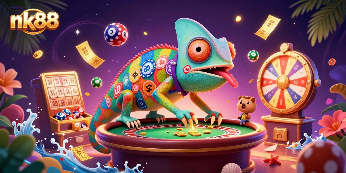 Engage in exciting strategies at nk88 with a vibrant chameleon casino owner and dynamic game elements.