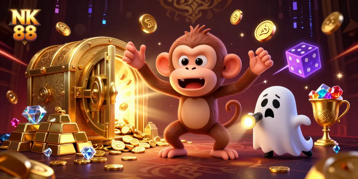 Engage with NK 88 as a poltergeist monkey juggles gold in a vibrant casino scene.