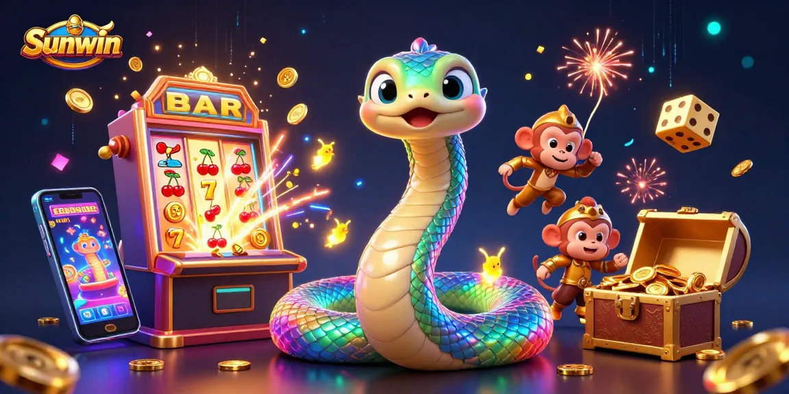 Sunwin players enjoying a vibrant 3D jackpot experience with colorful slot machine and golden rewards.