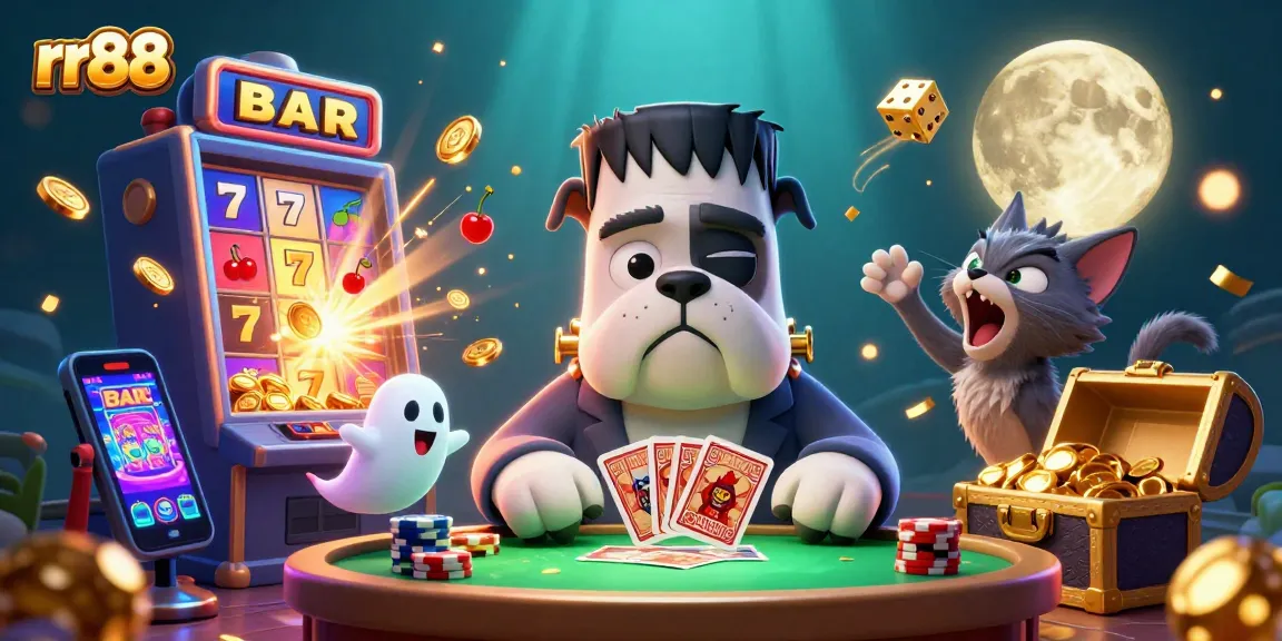 Win big at rr88 with a spooky 3D casino scene featuring characters and dynamic gaming elements.
