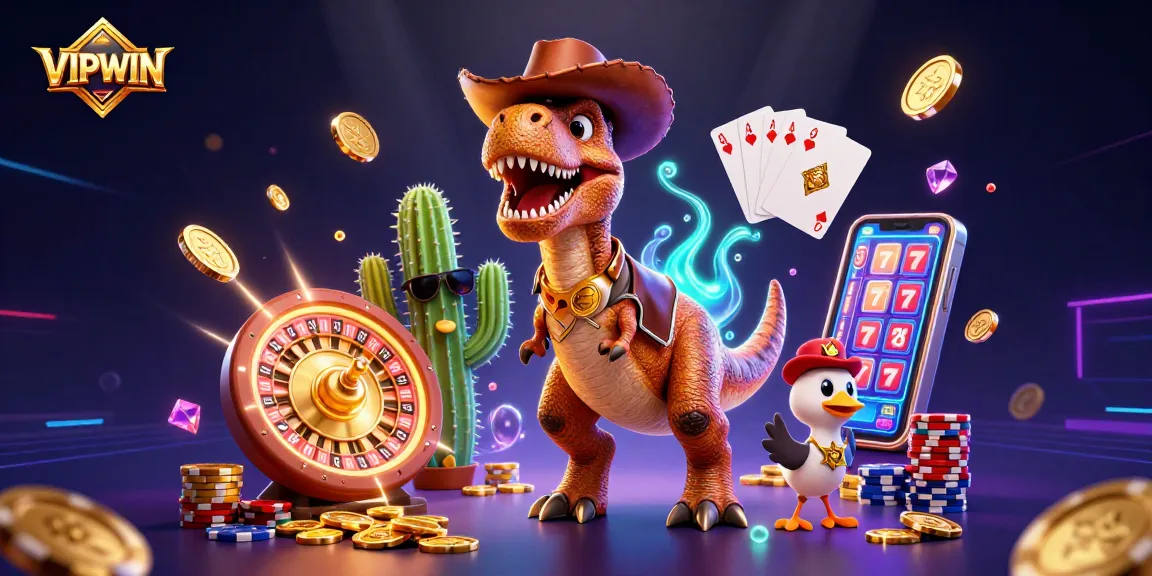 Engage in thrilling gameplay at VIPWIN with a vibrant 3D scene of a cowboy dinosaur and dynamic casino elements.