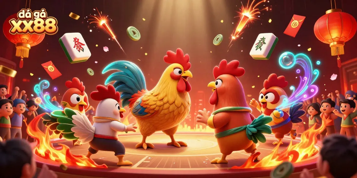 Experience the thrill of đá gà xx88 in this dynamic illustration with fighting chickens in a heated arena.