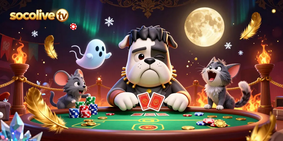 Play cards with a spooky bulldog monster at a socolive tv poker game table.