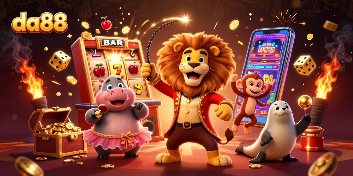 Experience thrilling gaming at da88 with vibrant circus characters amidst a casino jackpot explosion.