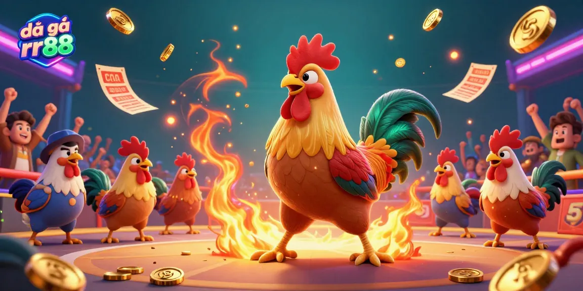 Engage in the thrilling action of đá gà rr88, featuring colorful roosters, neon elements, and dynamic betting slips.