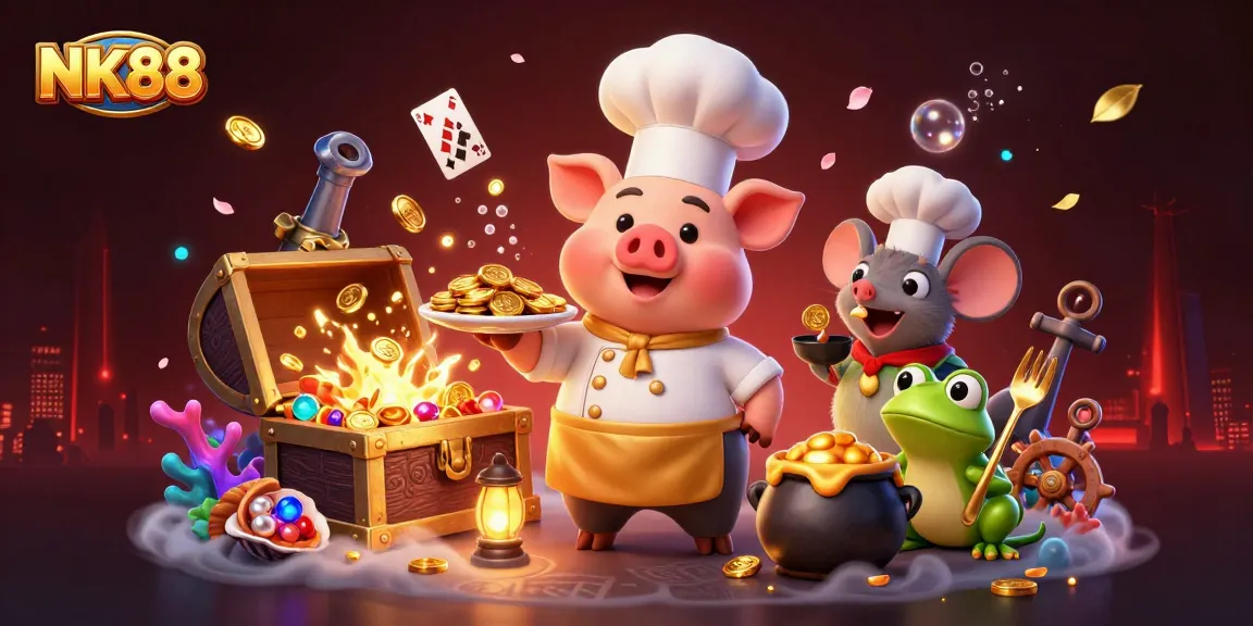 NK88 offers exciting gaming experiences featuring cartoon characters with gold coins and vibrant casino elements.