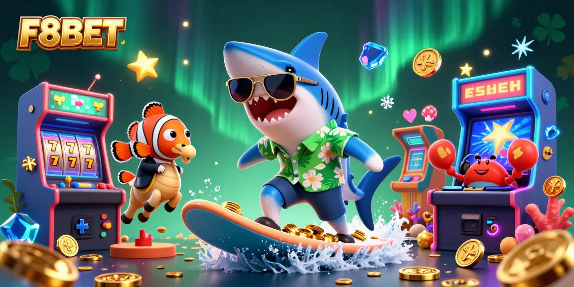 Bet with F8BET while enjoying a vibrant casino-themed underwater adventure illustration.
