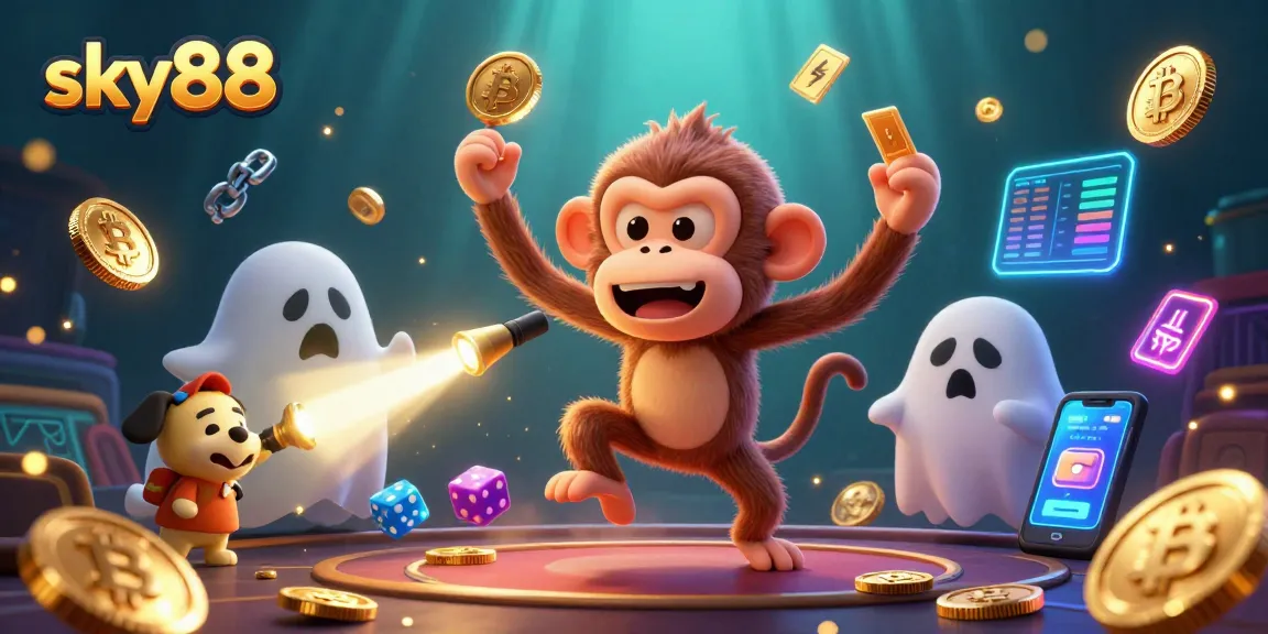 Engage with sky88's thrilling adventure in a casino with playful ghostly characters and crypto elements.