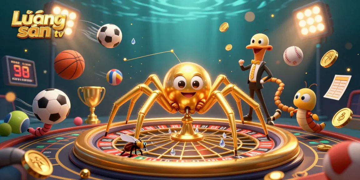 Lương sơn tv features a vibrant 3D scene with a golden spider, sports balls, and a centipede croupier, embodying the thrill of sports betting.
