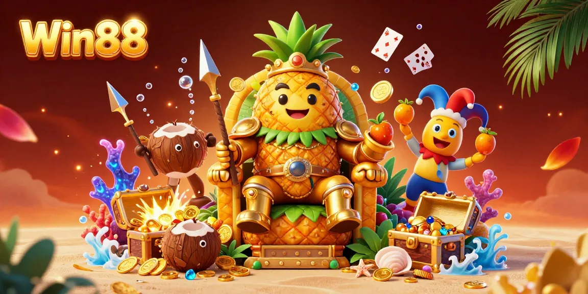 Experience the vibrant beach casino with Win88, featuring the golden pineapple king and treasure-filled surroundings.