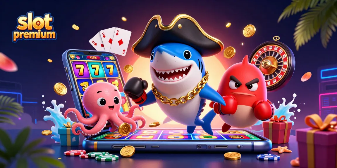 Engage with slot premium visuals featuring colorful slots, gold coins, and vibrant characters in a lively casino scene.