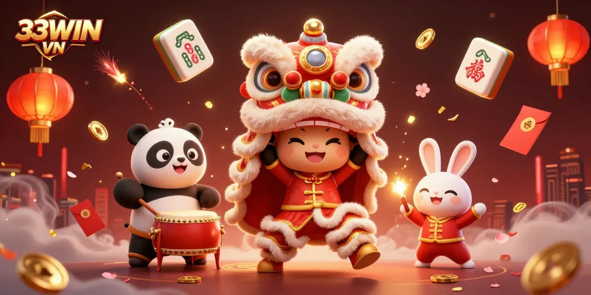 Experience the excitement of 33WIN VN with vibrant casino elements and characters in a festive scene.
