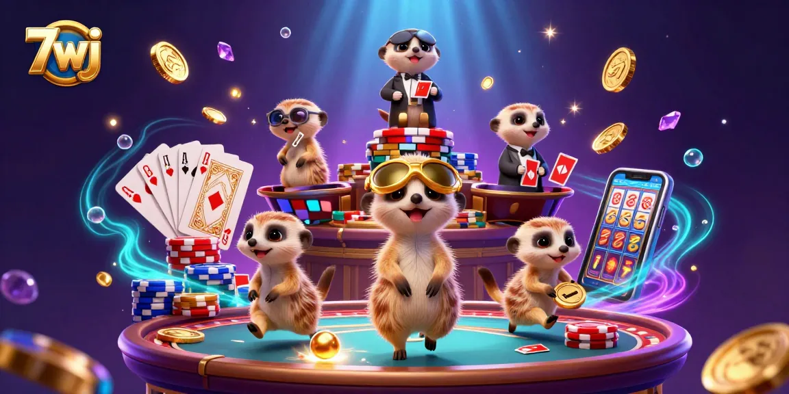Experience the excitement of 7wj with meerkats running a vibrant casino, spinning roulette wheels, and soaring golden coins!