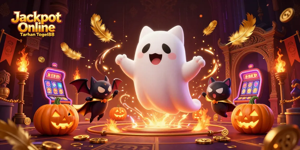 Experience the thrill of Jackpot Online Taruhan Togel88 with a friendly ghost cat and vampire bat in a haunted casino.