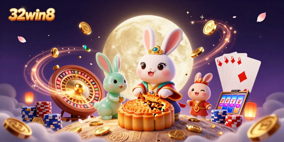 Experience the thrill of 32win8 with a vibrant scene featuring a moon rabbit and casino elements, celebrating luck and fortune.