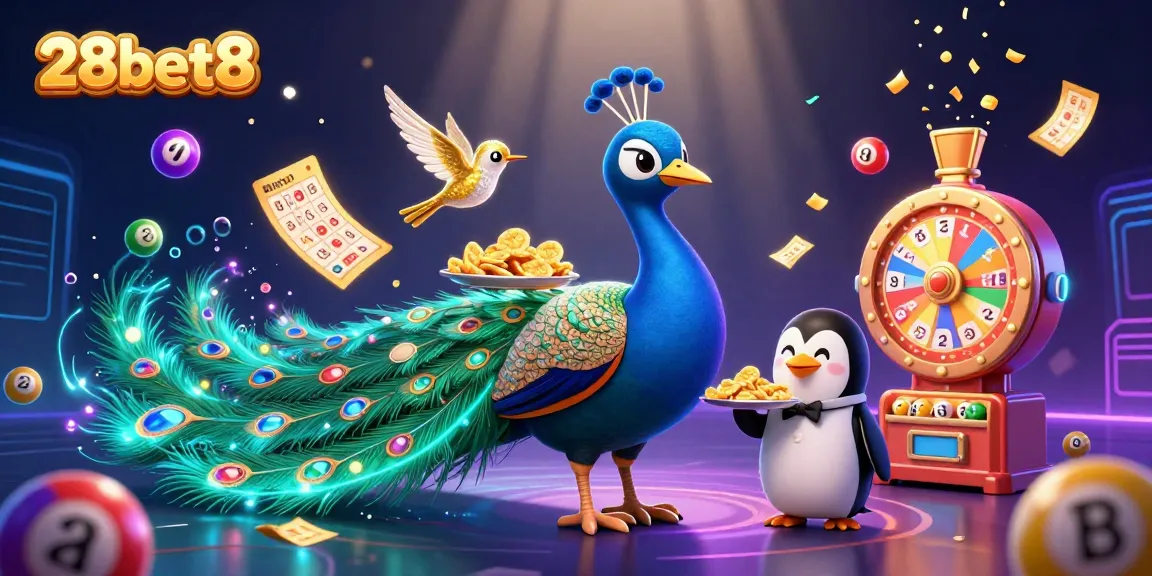 Win big at 28bet8 with dynamic prizes in this vibrant casino illustration featuring a peacock, a penguin, and a hummingbird.