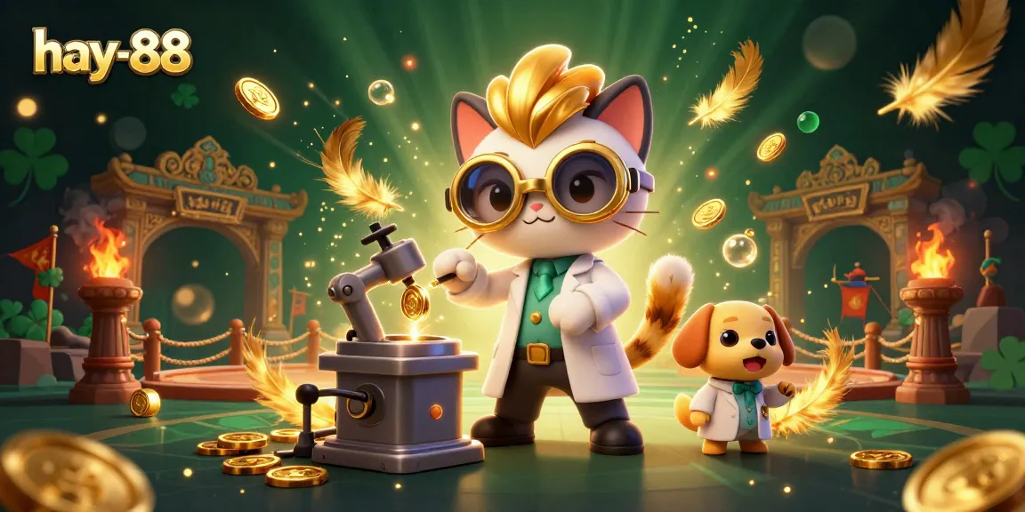 Engage in thrilling gaming at hay-88 with a cartoon scene featuring a scientist cat and dog in a vibrant casino.