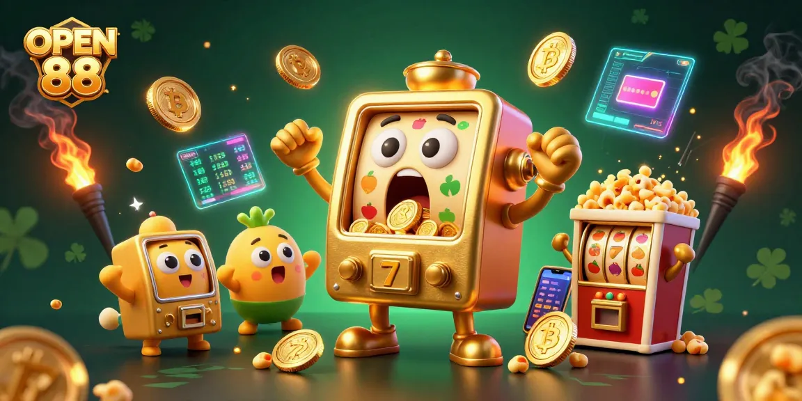 Experience exciting wins with OPEN 88's golden slot machine in this vibrant gambling illustration.