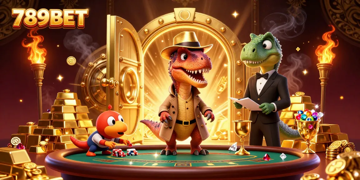 Exciting scene of 789BET as a velociraptor card counter, stealthily gambling in a vibrant casino.