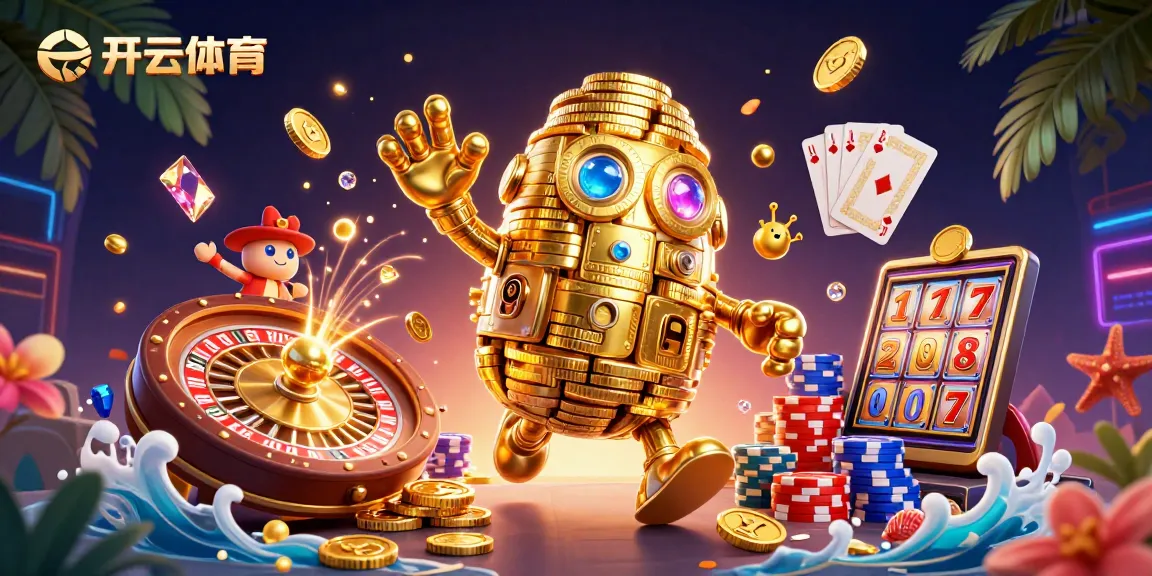 Experience thrilling action at 开云体育 with a dynamic 3D casino scene packed with golden golems and classic gaming elements.