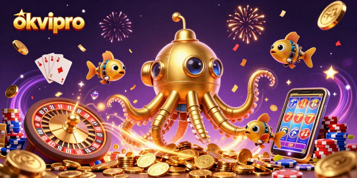 Engage with the captivating world of okvipro featuring lively gambling elements like the golden kraken and shimmering coins.